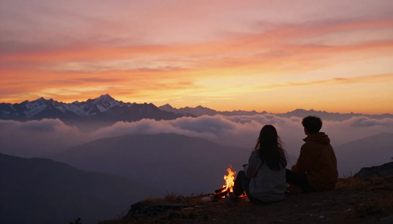 A warm and inviting scene of two silhouetted friends sitting...