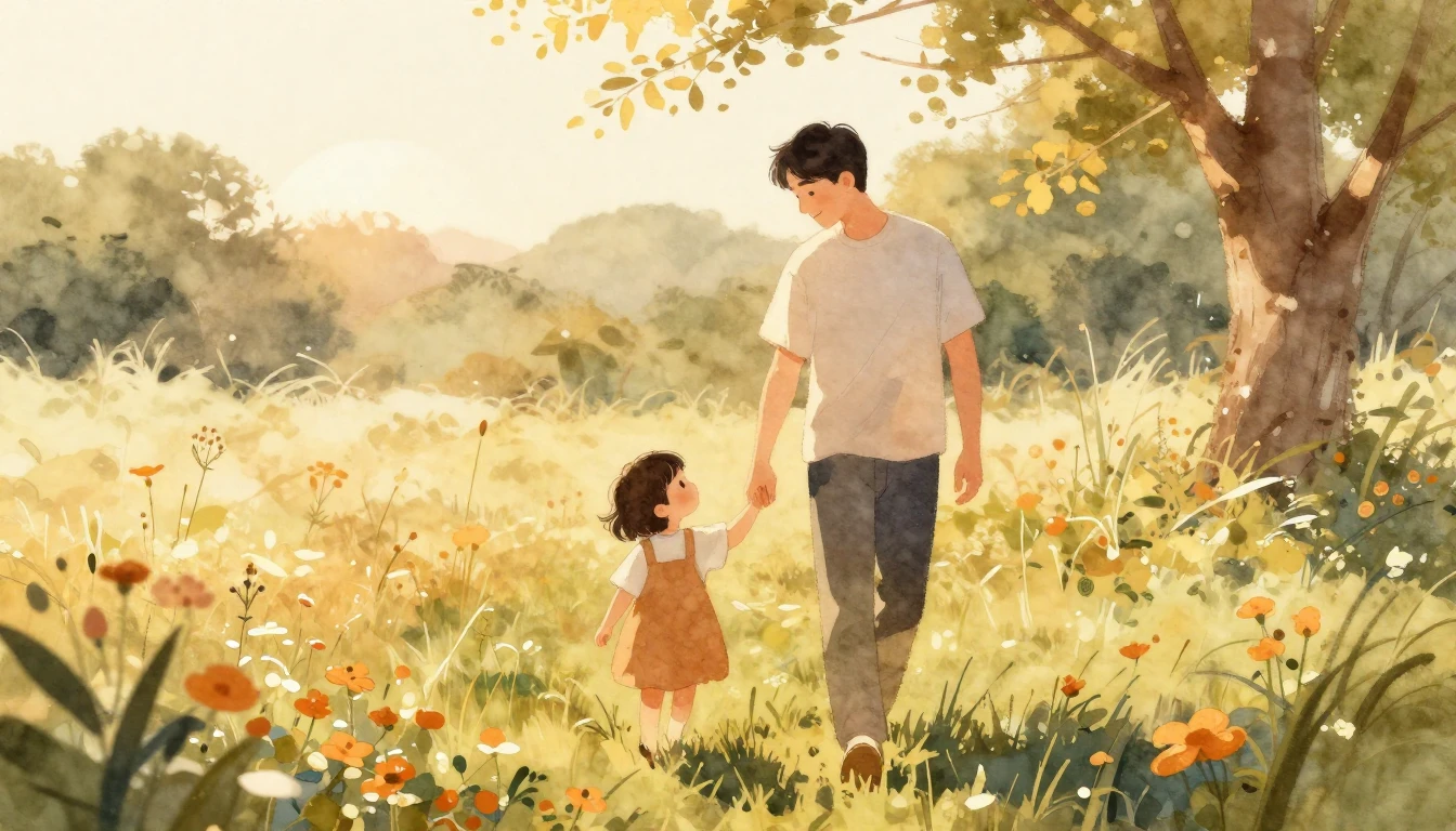 A heartwarming watercolor illustration of a father and a sma...