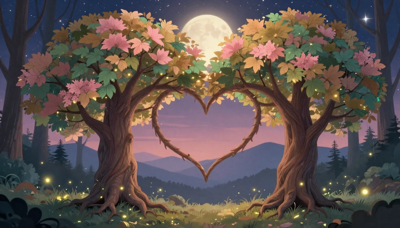 A romantic and whimsical illustration featuring two intertwi...