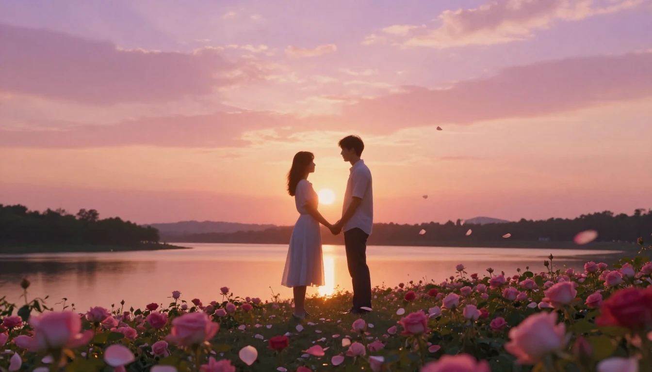A romantic and dreamy scene featuring a couple standing on a...