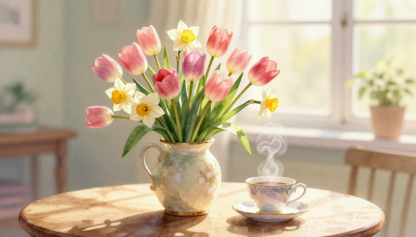 A soft and heartwarming watercolor painting depicting a beau...