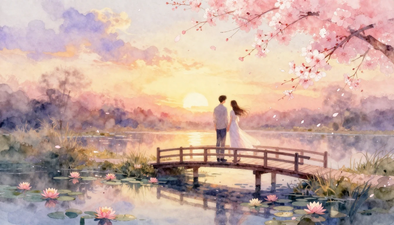 A delicate watercolor painting depicting two lovers standing...