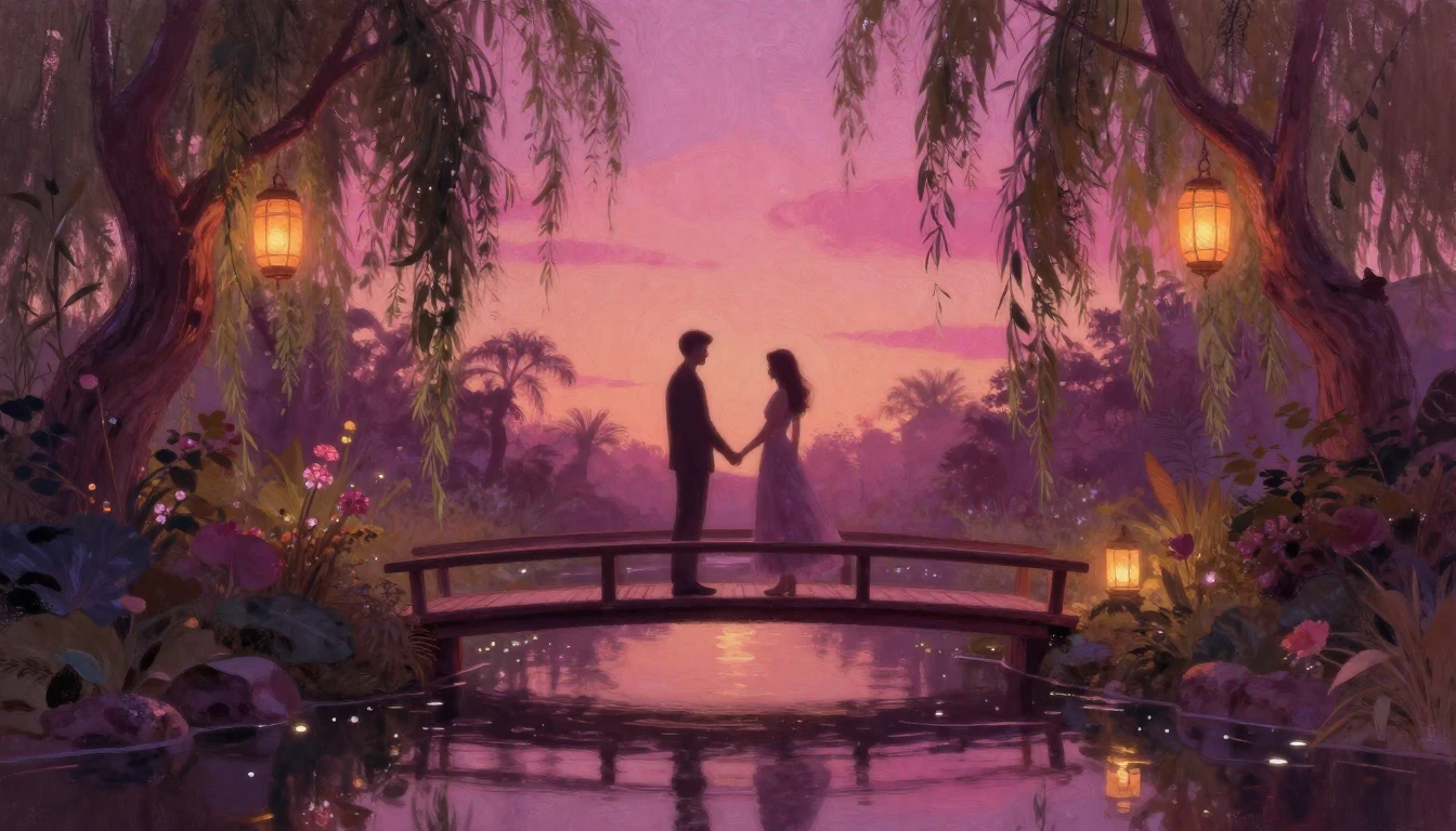 A romantic and ethereal scene showing two silhouetted figure...