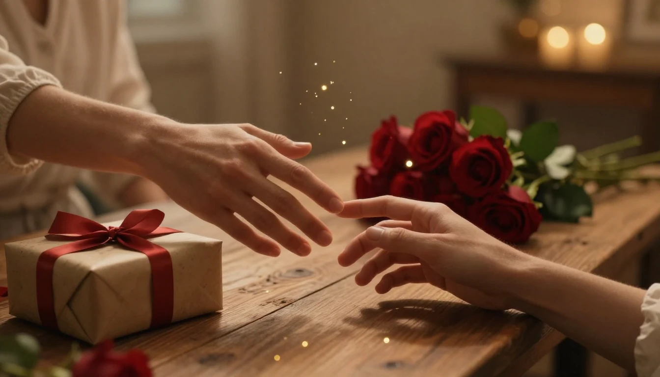 A romantic and heartwarming scene featuring two hands gently...