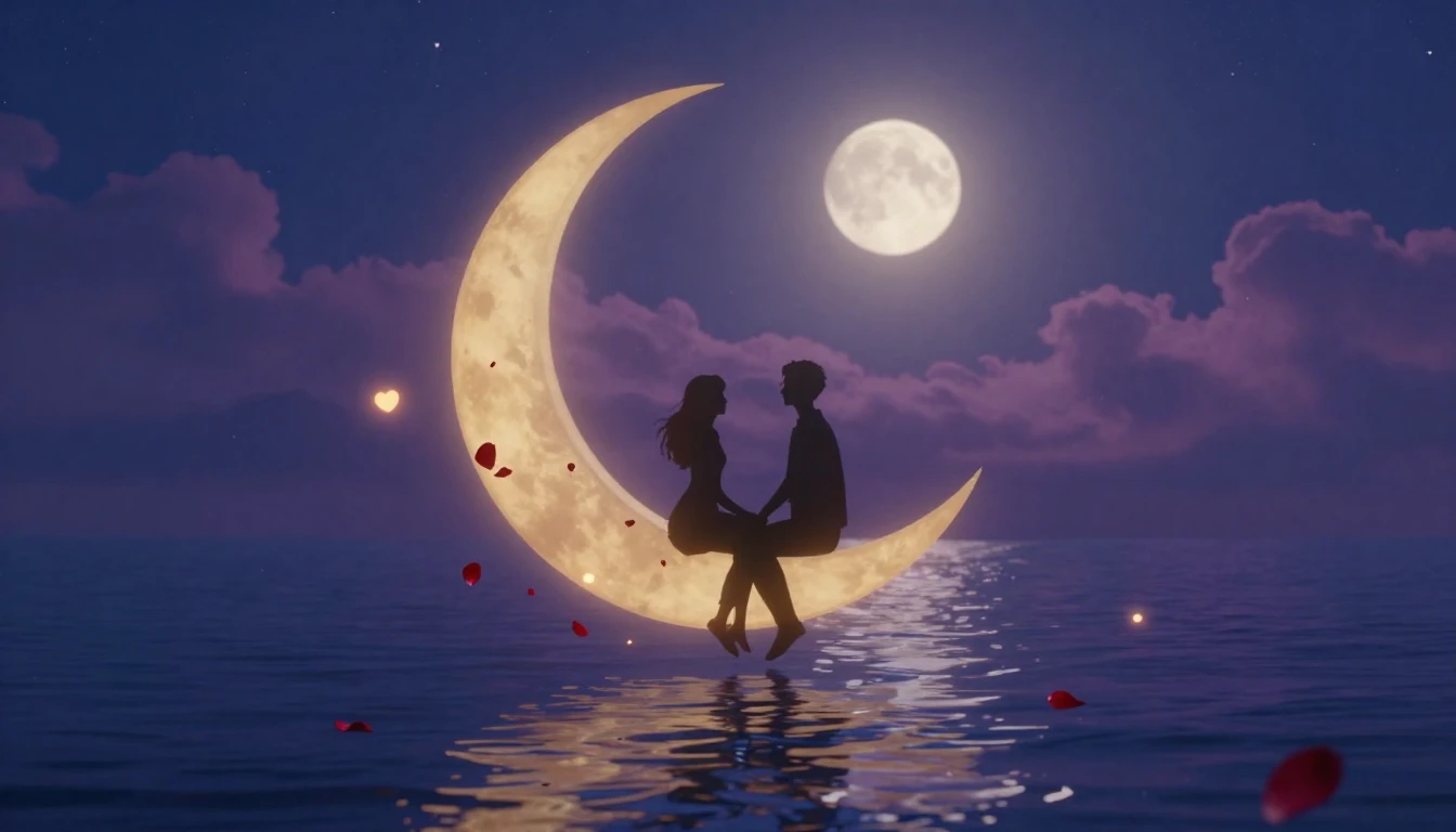 Two silhouettes of lovers sitting on a crescent moon floatin...