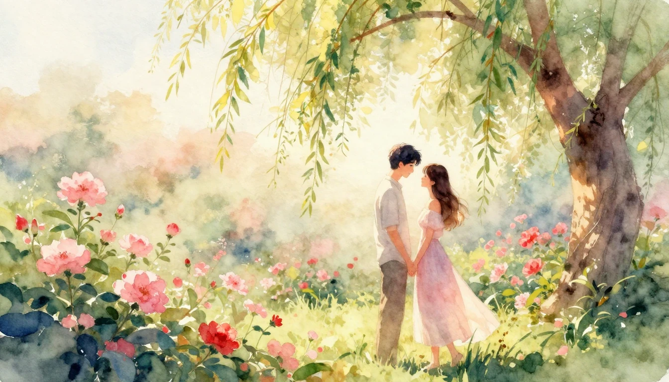 A soft watercolor painting of a romantic couple standing tog...
