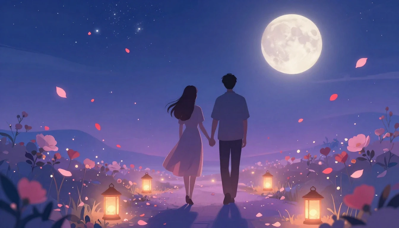 A warm and romantic illustration featuring two silhouette fi...