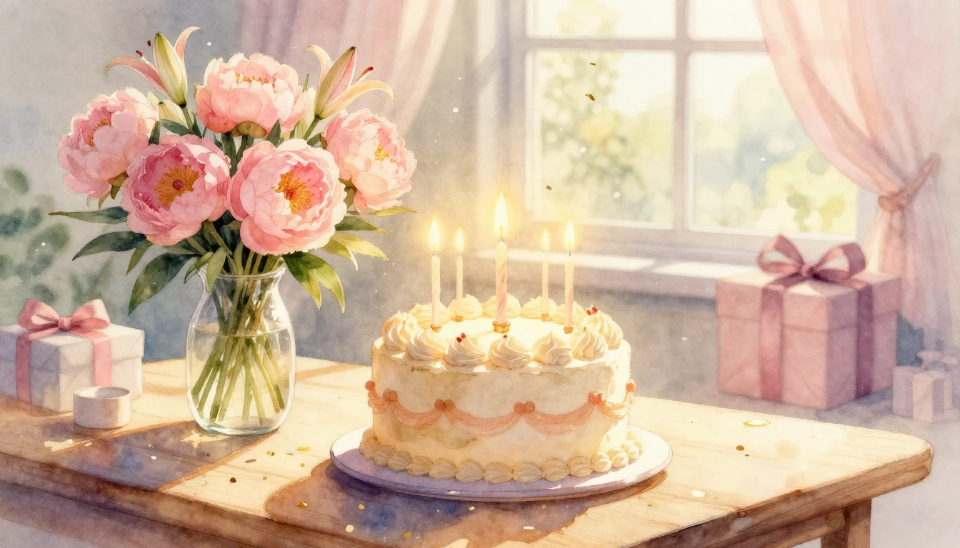 A dreamy and warm birthday atmosphere rendered in soft water...