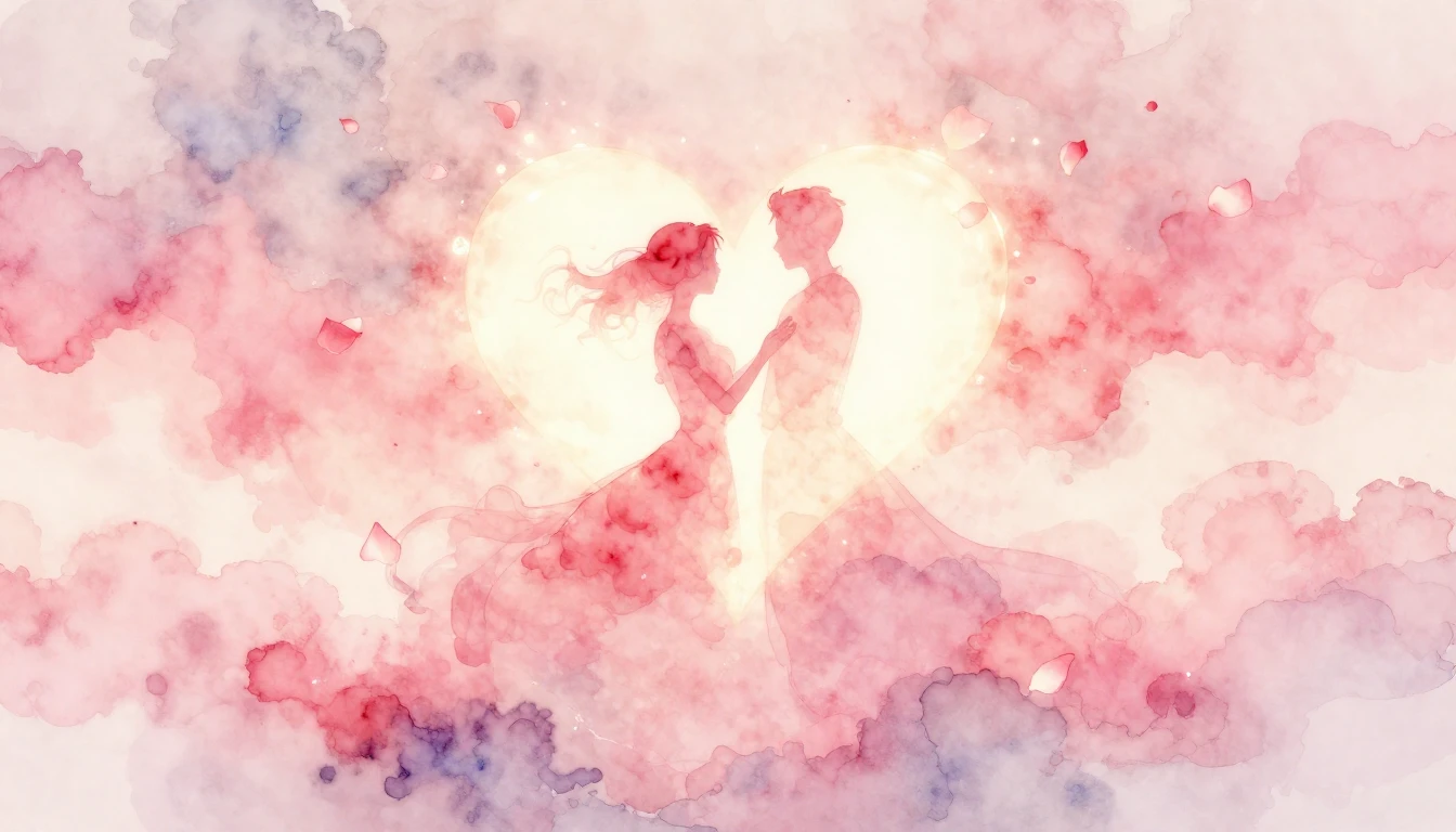 A soft and dreamy watercolor painting depicting two glowing ...