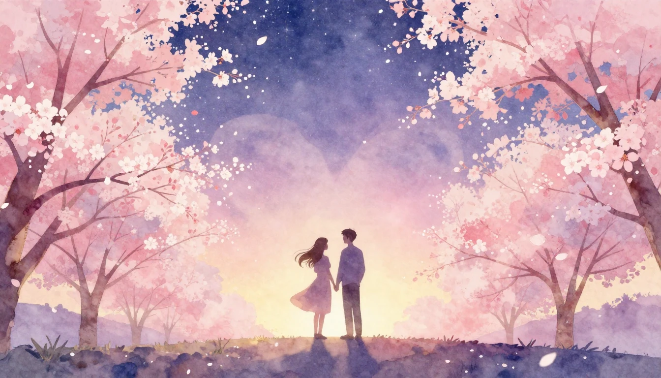 A romantic and dreamy watercolor painting depicting the silh...