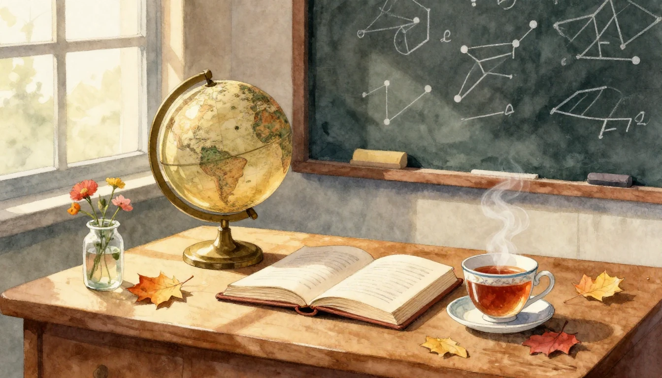 A warm and nostalgic watercolor illustration of a cozy teach...