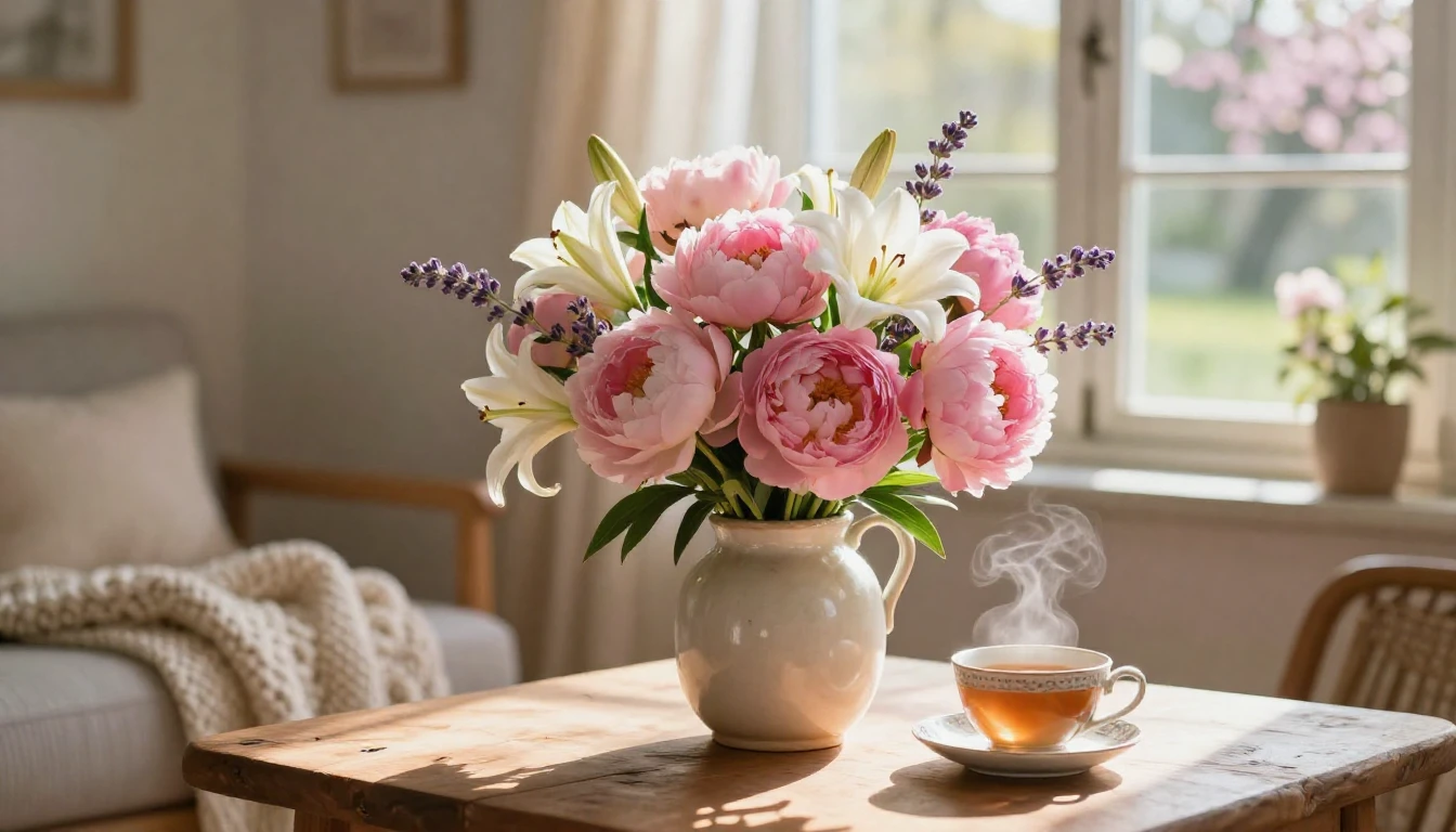 A heartwarming and cozy interior scene bathed in soft, golde...