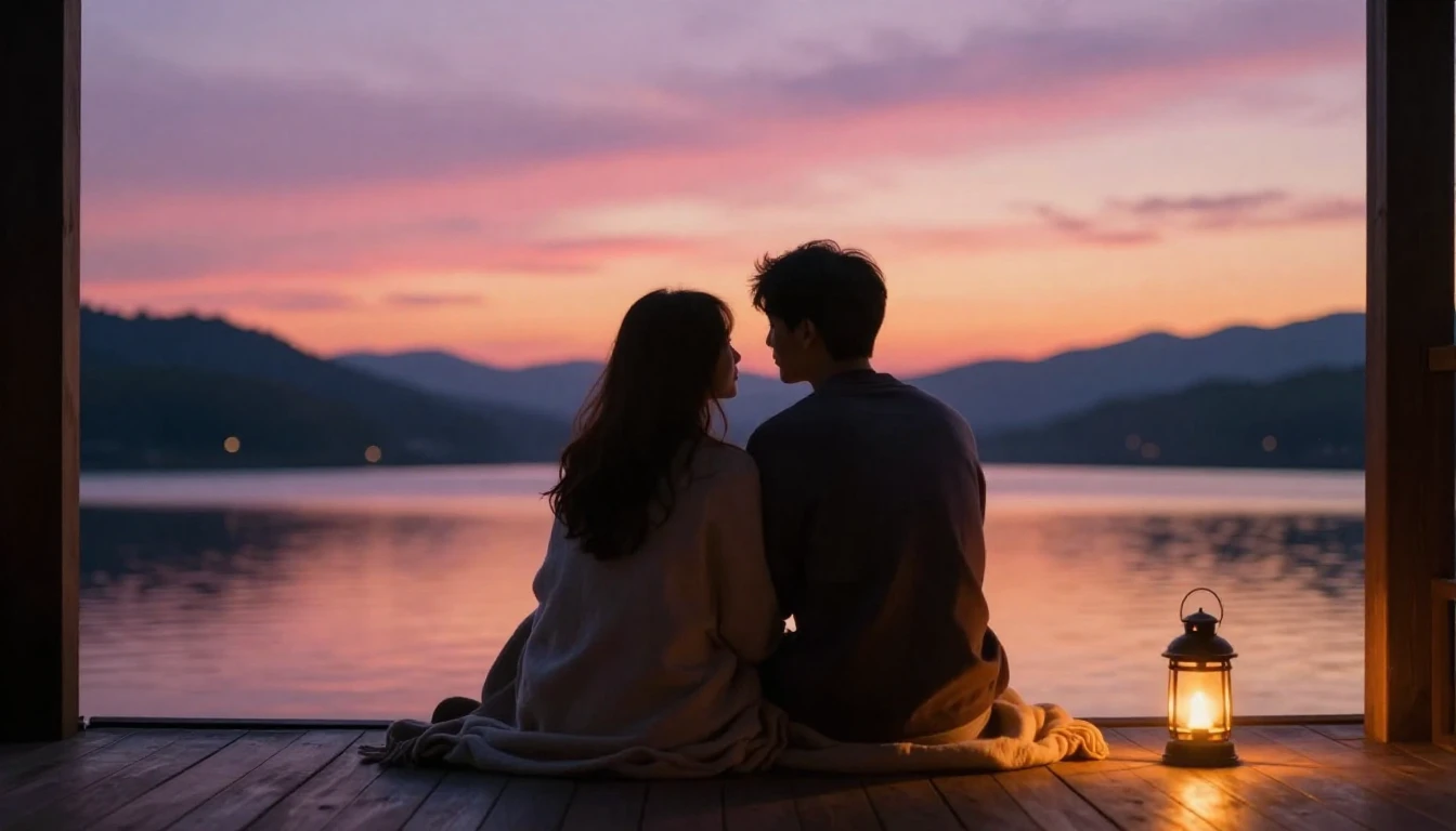 A romantic and cozy scene of two silhouettes sitting closely...