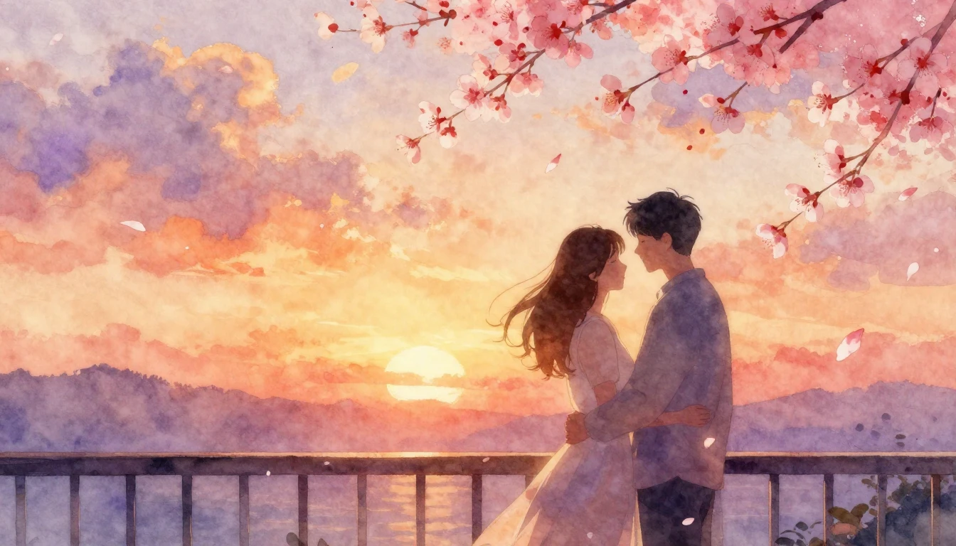 A breathtaking watercolor painting of a couple standing clos...