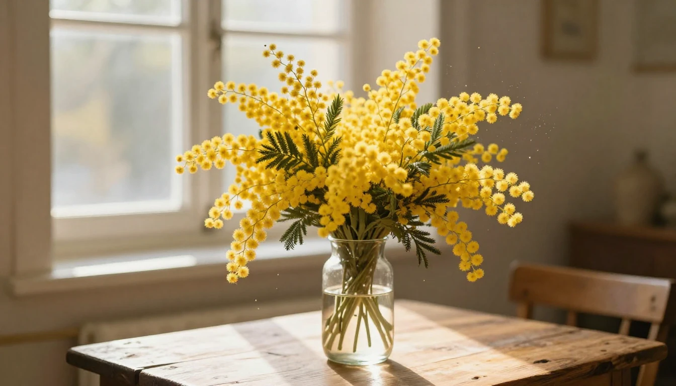 A beautiful and delicate bouquet of yellow mimosa flowers pl...