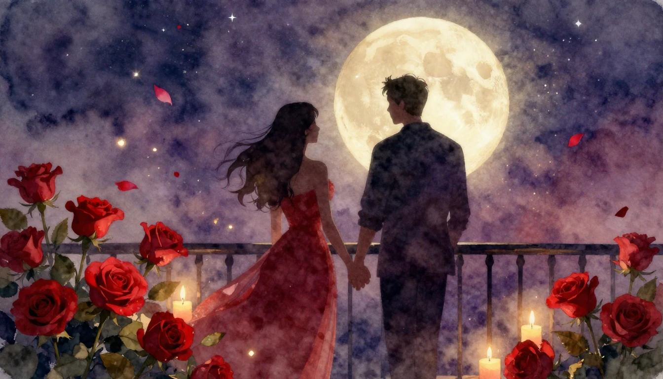 A romantic and dreamy watercolor painting depicting two silh...