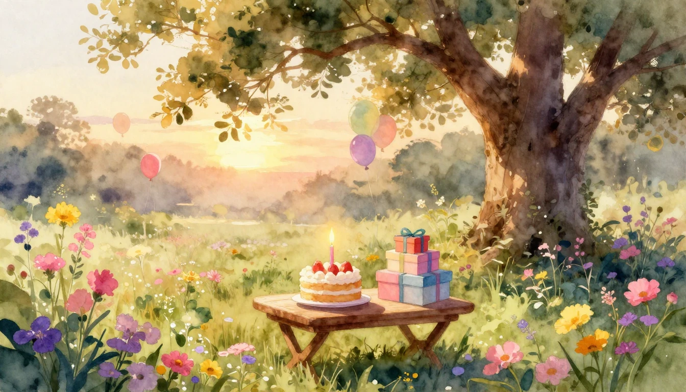 A dreamy watercolor painting of a serene garden at sunset. I...