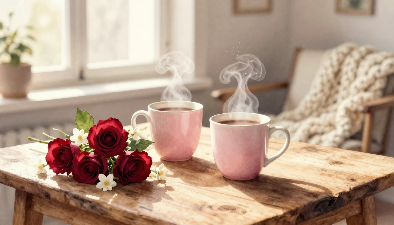 A romantic and cozy indoor scene in a soft watercolor style....