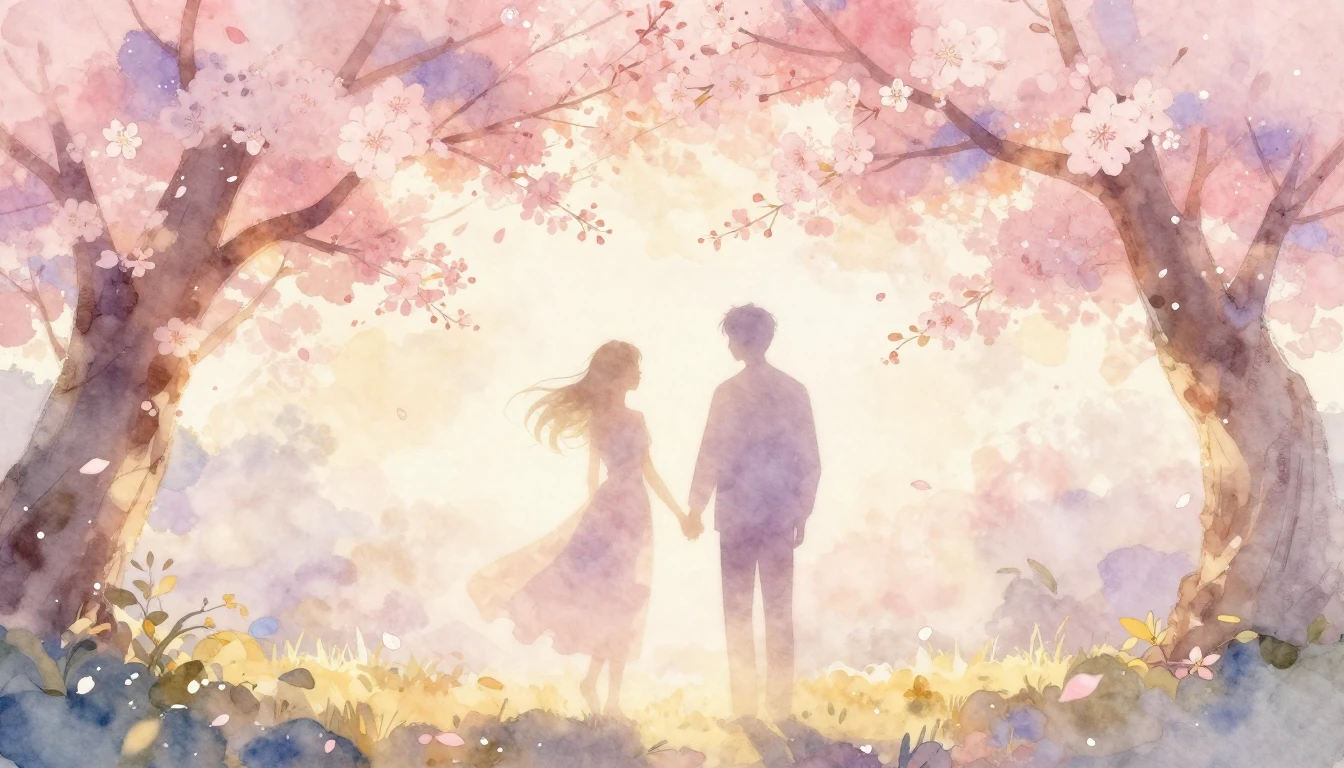 A dreamy watercolor illustration of two ethereal silhouettes...