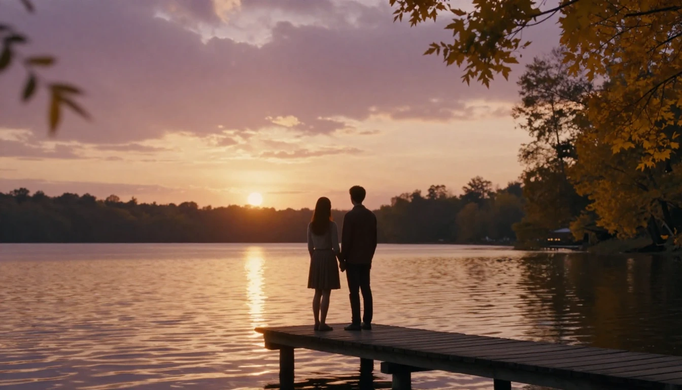 A romantic and cozy scene of a couple's silhouettes standing...