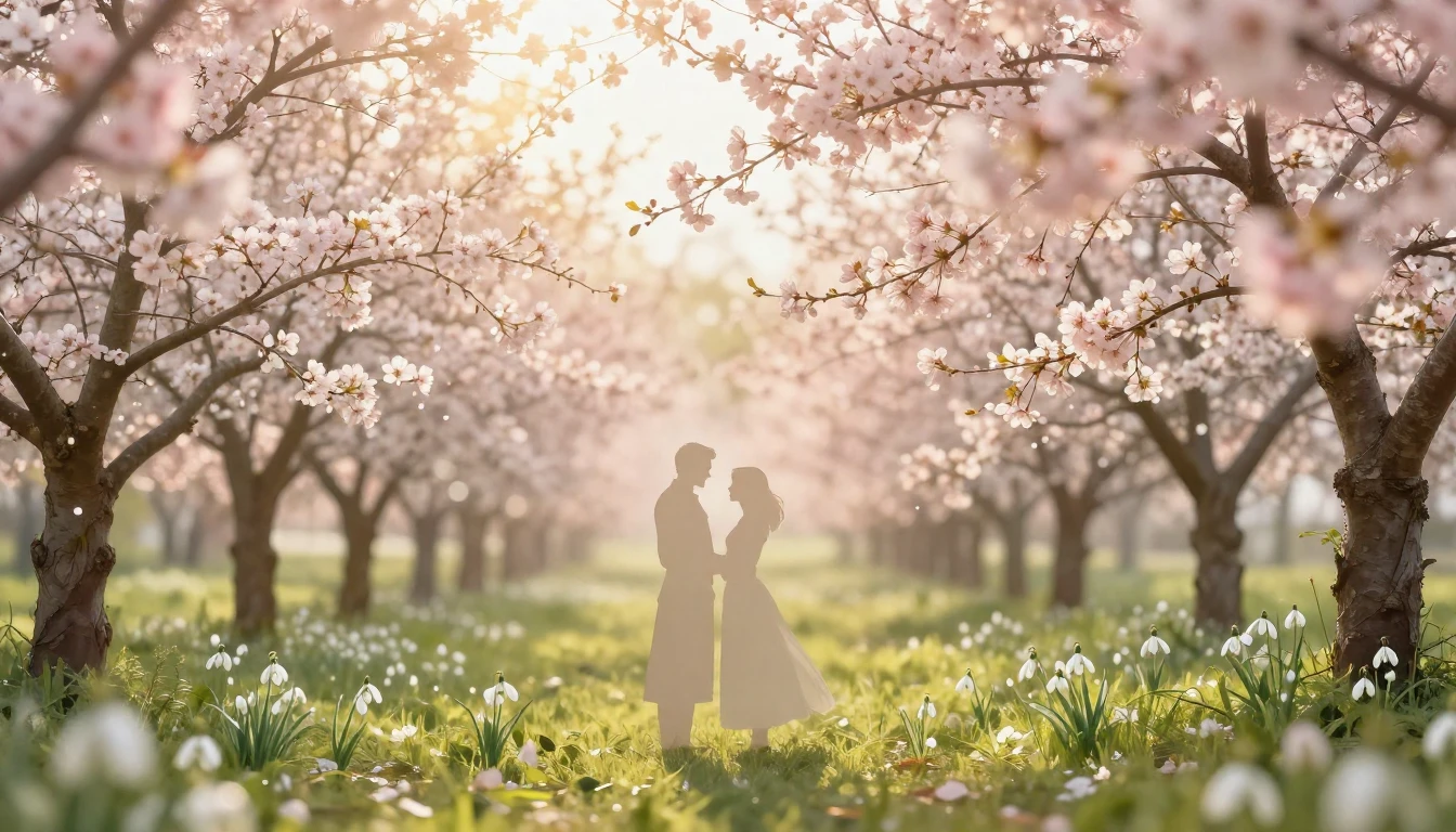 A romantic and ethereal scene celebrating Dragobete, the tra...