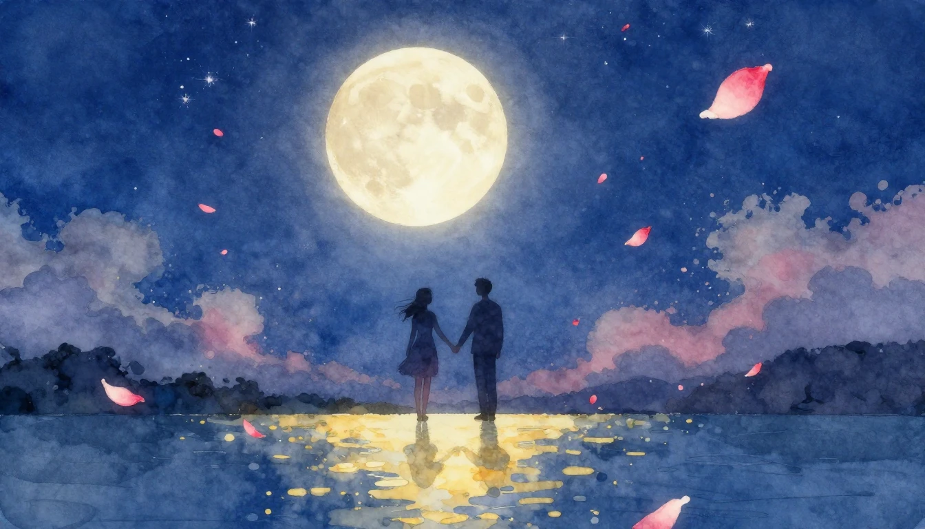 A romantic watercolor painting depicting two silhouettes of ...