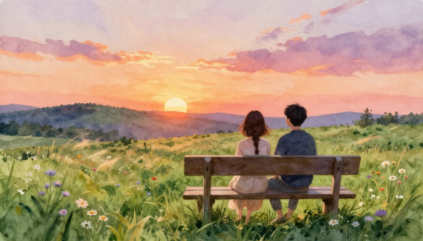 A heartwarming watercolor painting capturing a serene sunset...