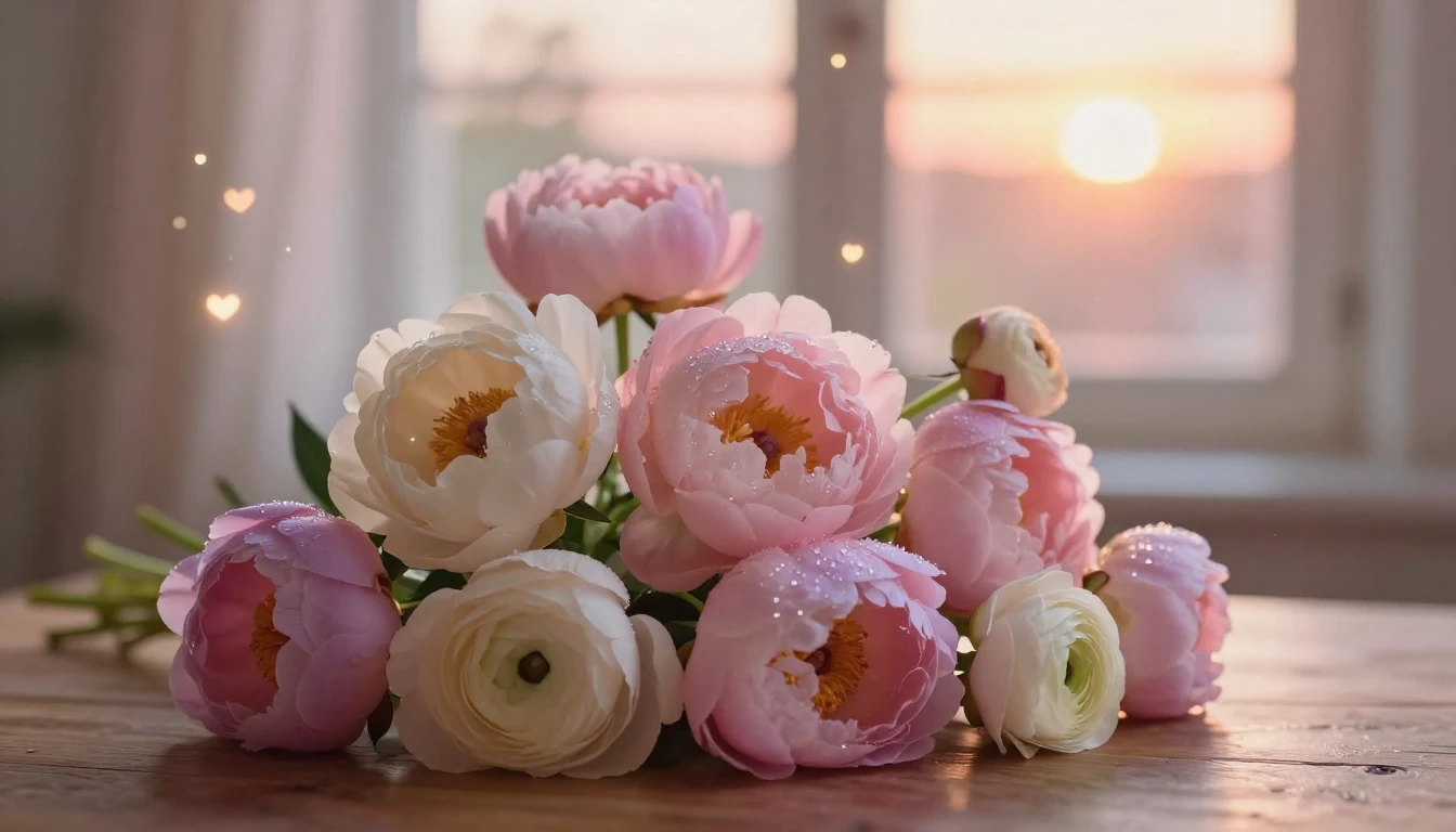 A dreamy and romantic scene featuring a delicate bouquet of ...