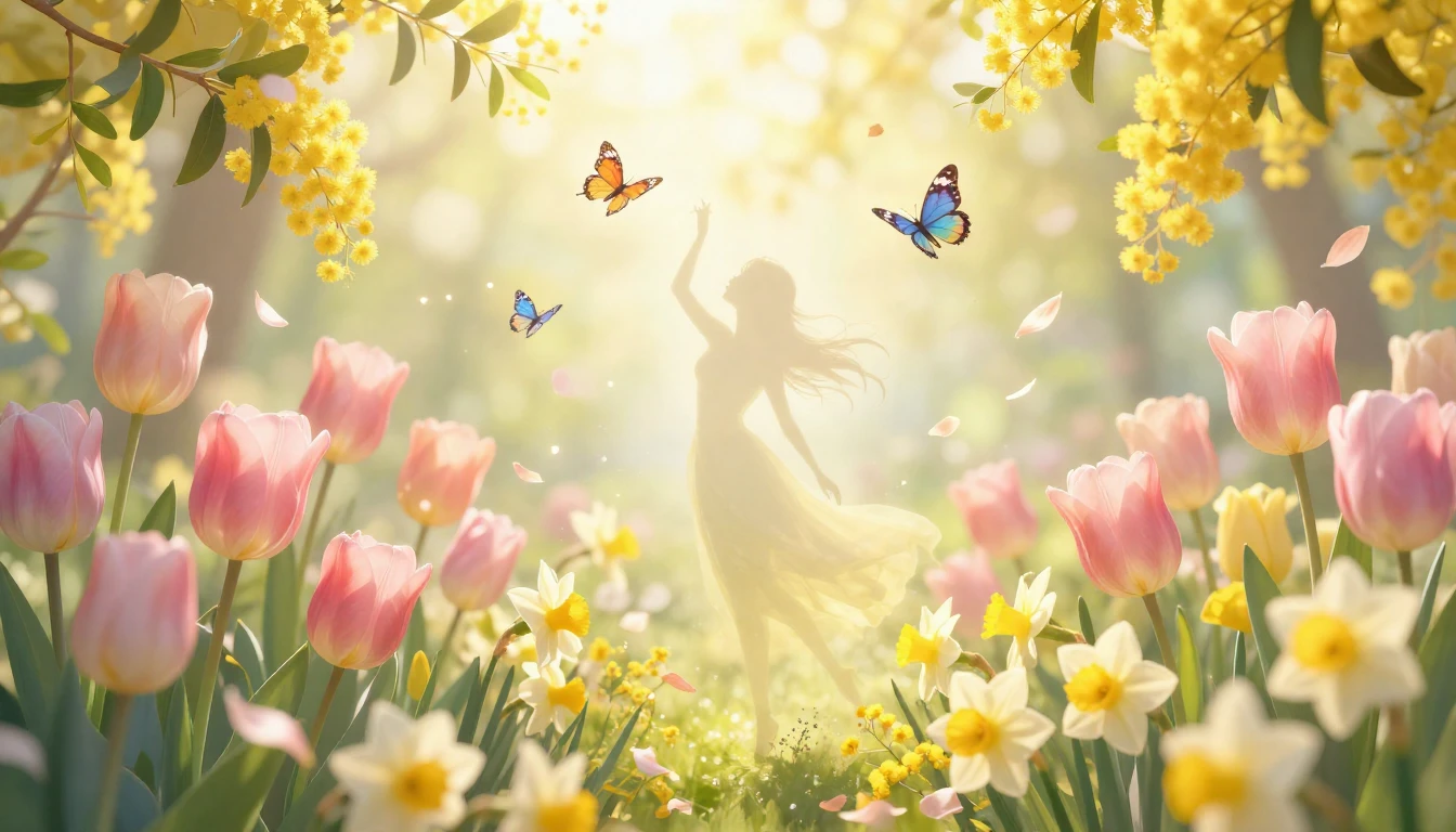 A delicate and vibrant spring garden filled with blooming tu...