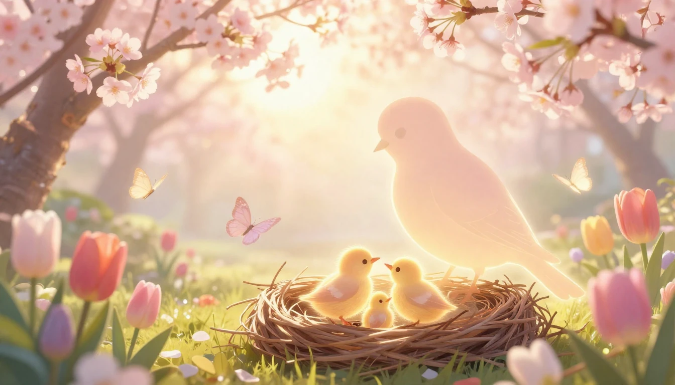 A beautiful spring garden filled with blooming cherry blosso...