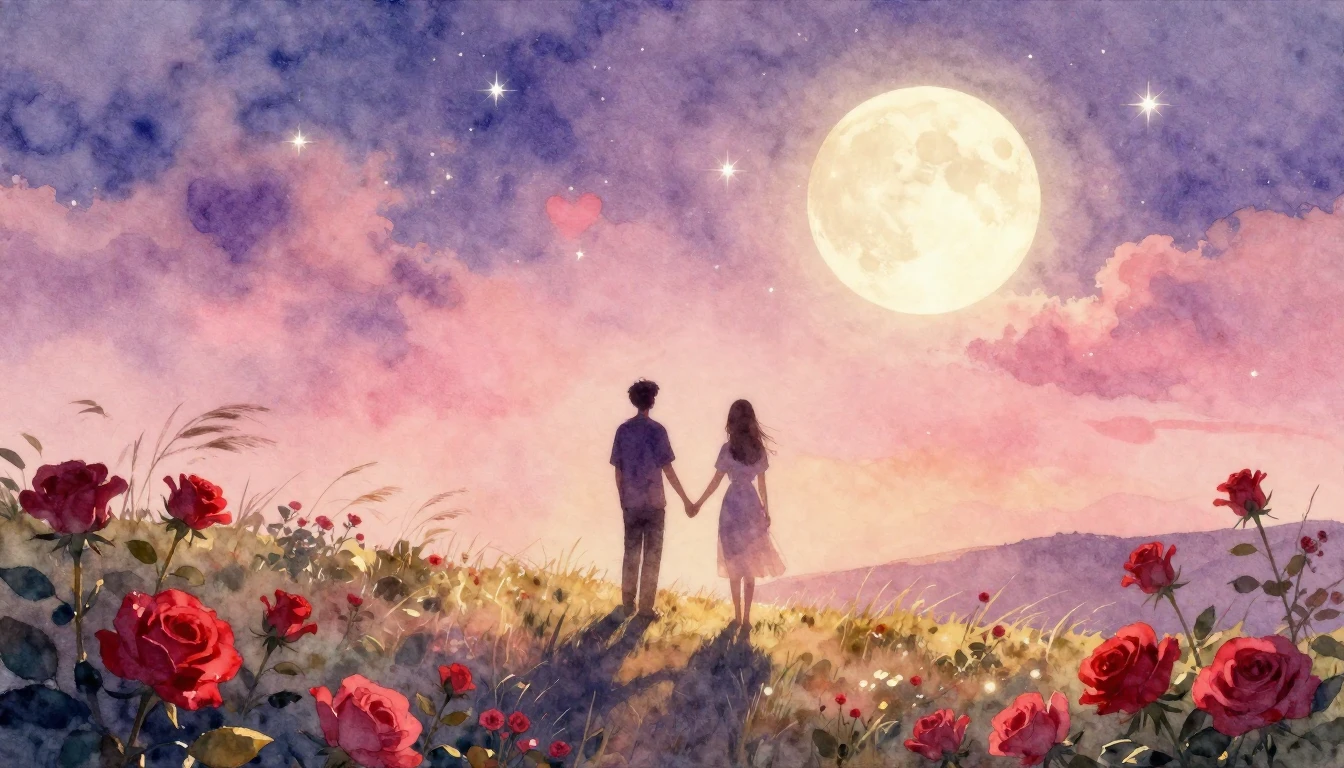 A soft and romantic watercolor painting depicting a silhouet...