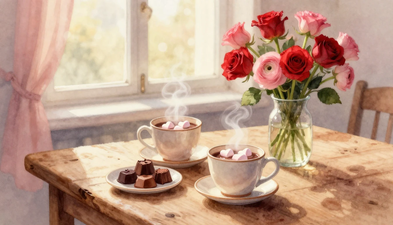 A soft and warm watercolor painting depicting a cozy indoor ...