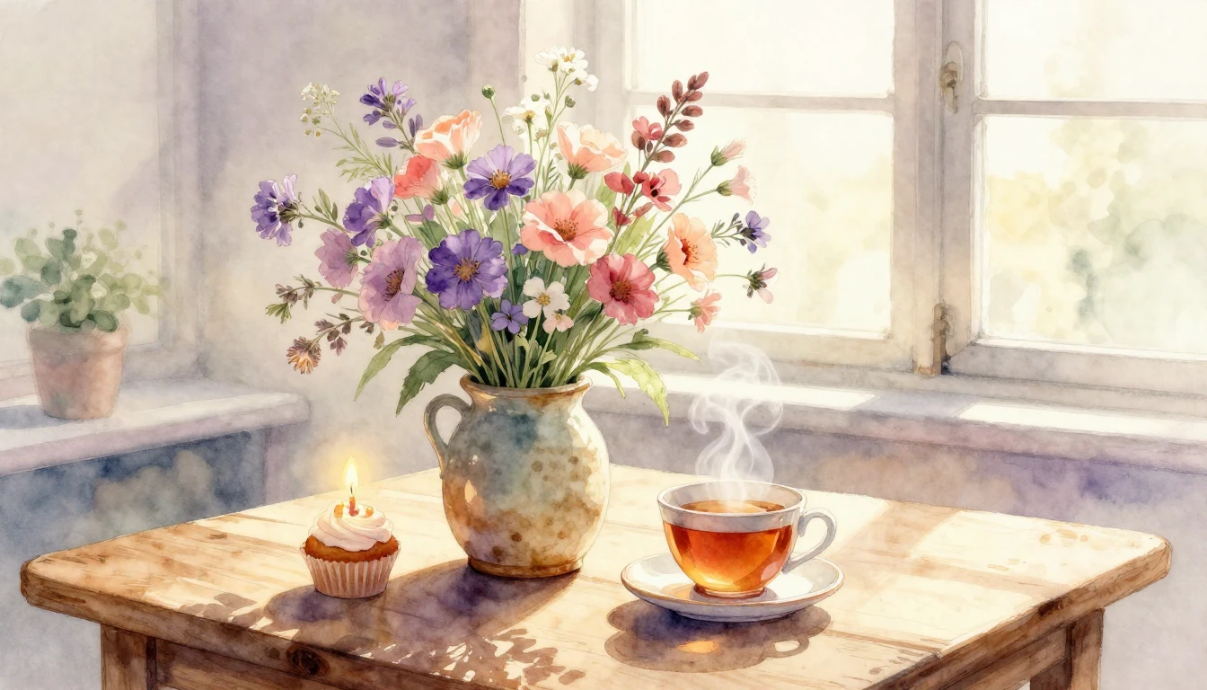 A beautiful bouquet of wildflowers in a rustic ceramic vase ...