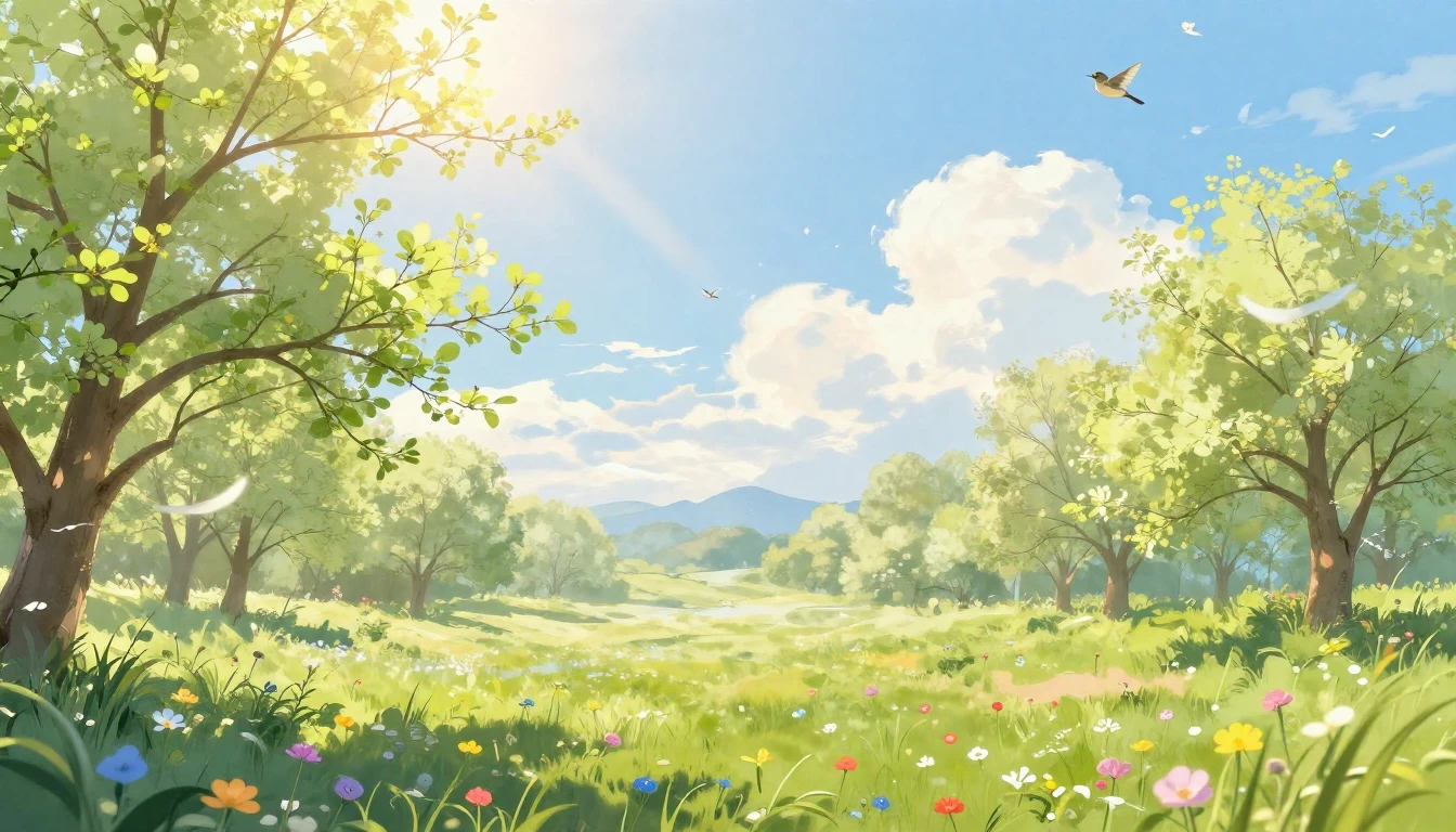 A lush, vibrant spring landscape awakening from winter. Deli...