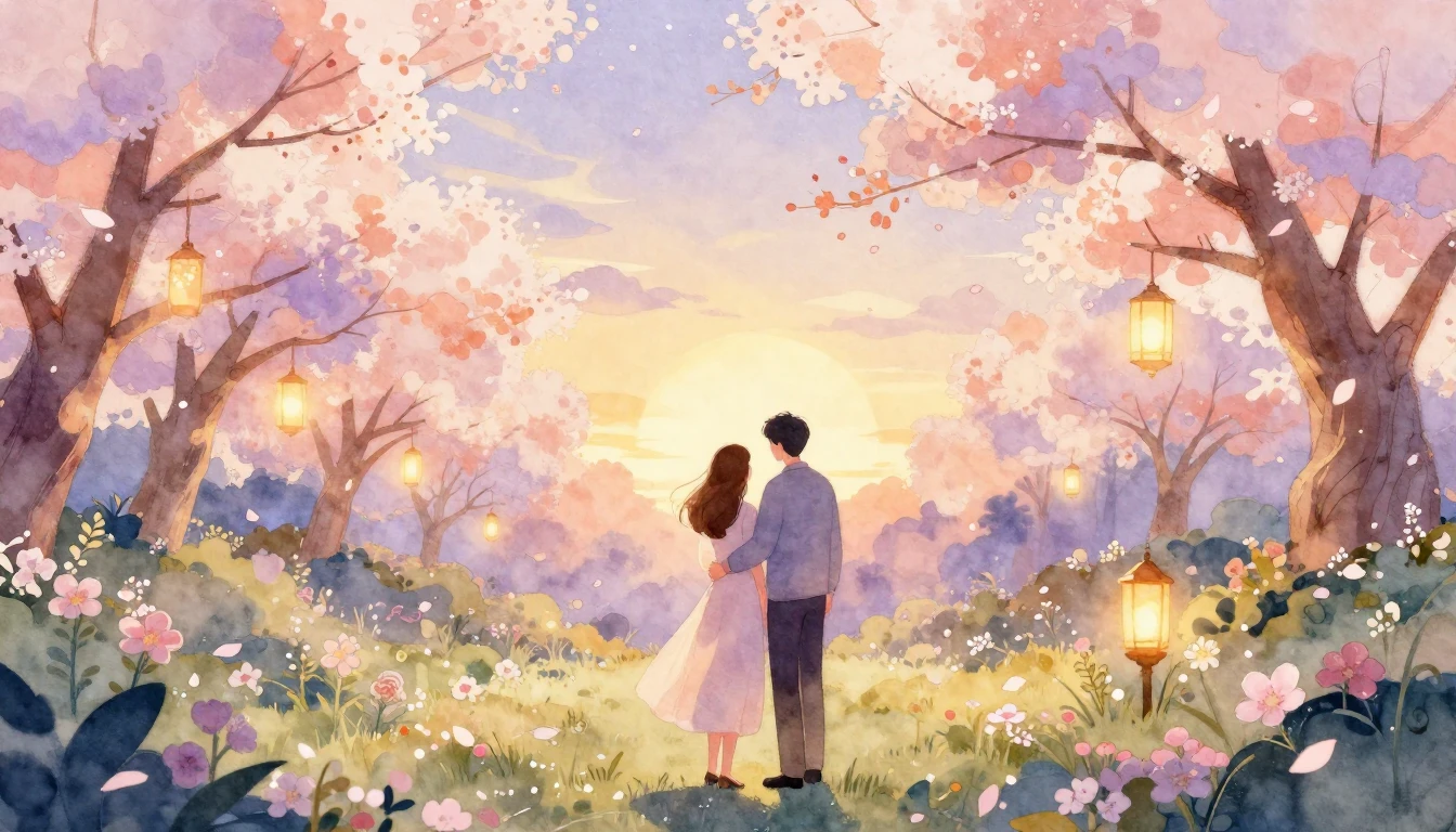 A romantic watercolor illustration of a couple standing toge...