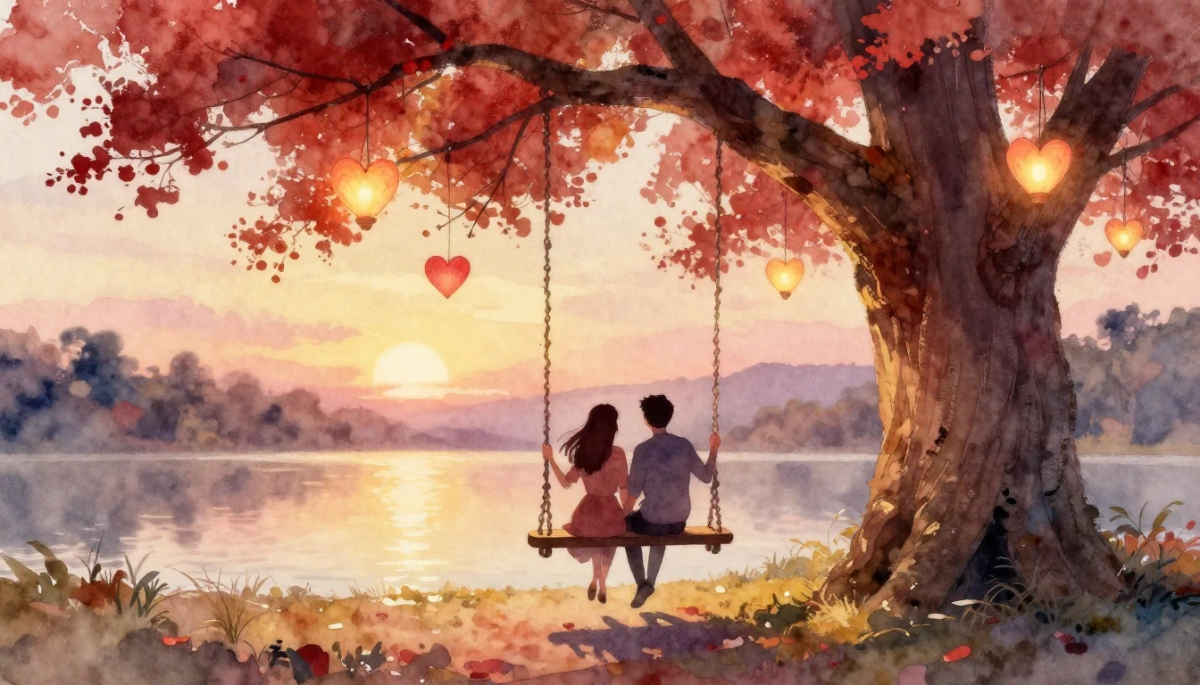 A romantic and dreamy watercolor illustration featuring two ...