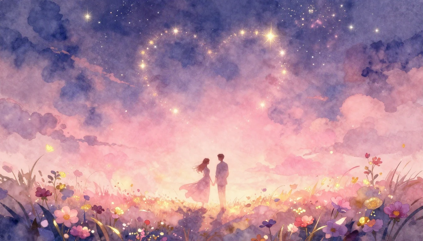 A romantic and ethereal watercolor illustration of two silho...
