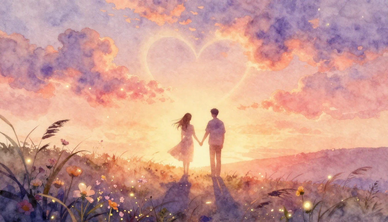 An ethereal and dreamy watercolor painting depicting two sof...