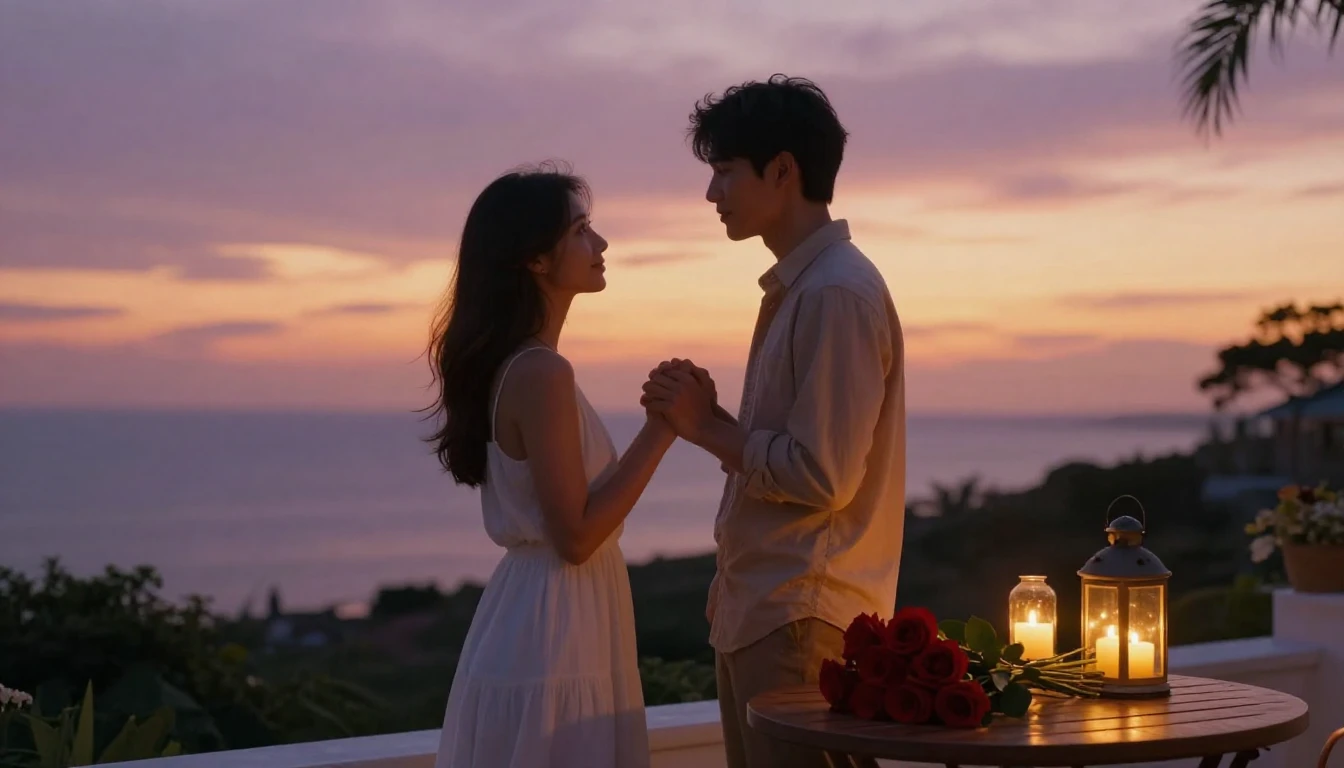 A romantic and intimate scene of a couple standing on a terr...