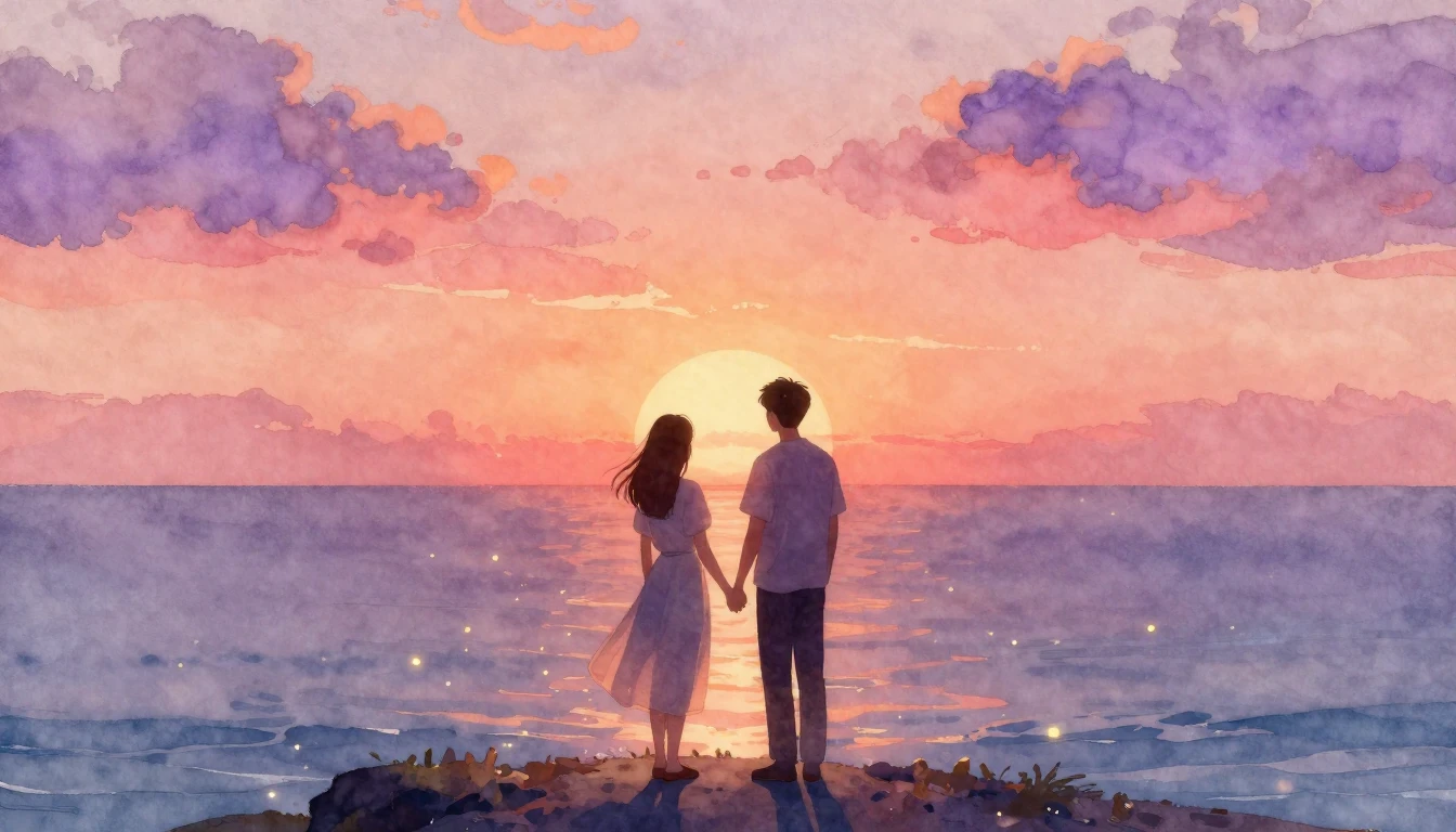 A romantic watercolor painting of a couple standing together...
