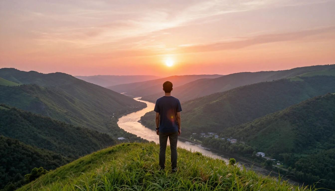 A heartwarming and inspirational scene of a young man standi...