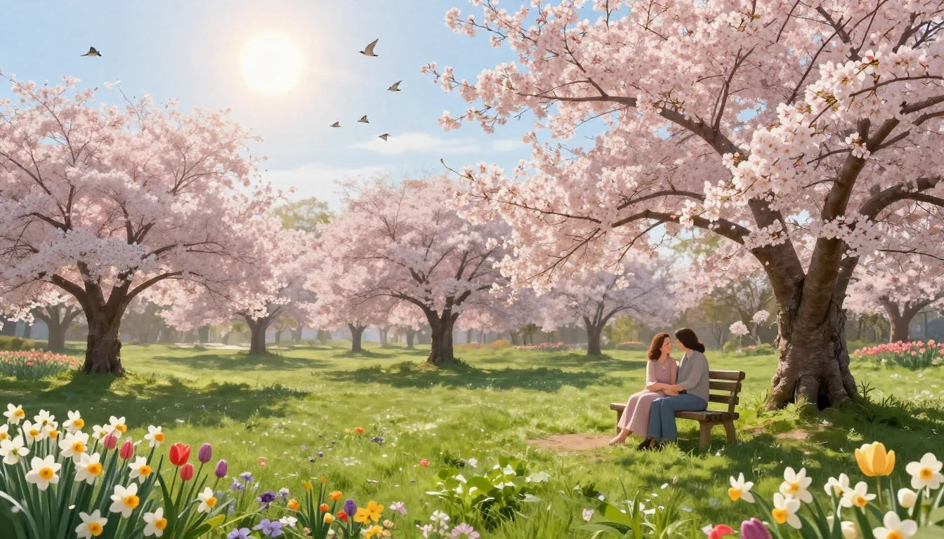 A beautiful spring landscape representing maternal love and ...