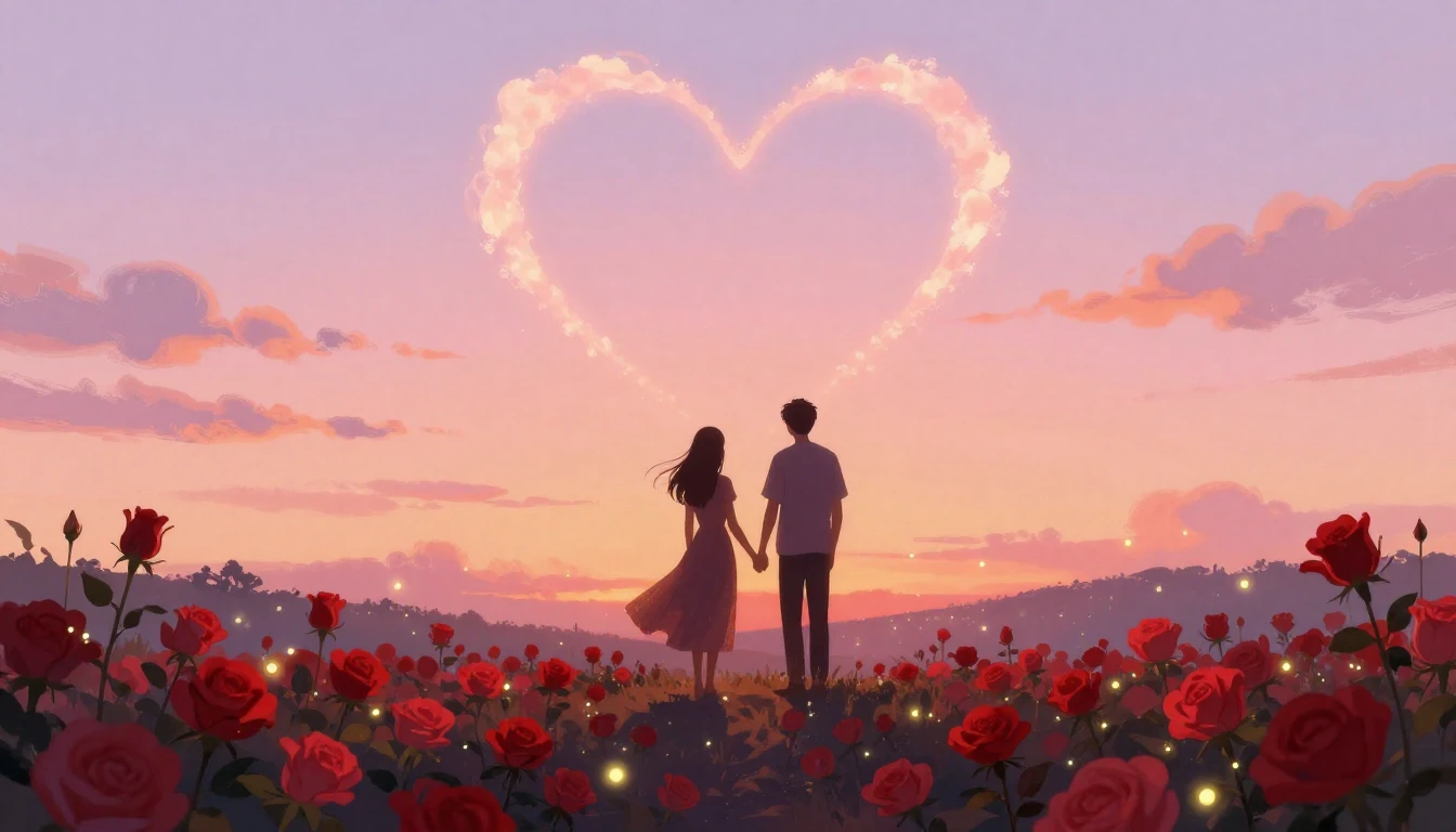 A romantic and dreamy illustration of two silhouettes holdin...