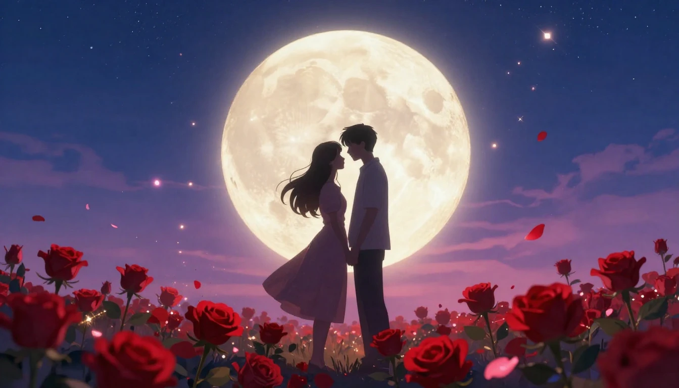 A romantic and dreamy scene featuring two silhouette figures...