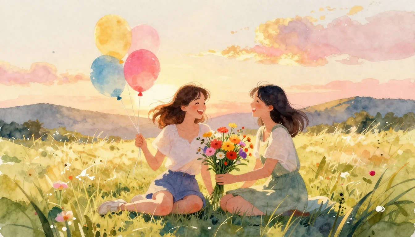 A beautiful watercolor illustration of two female friends si...