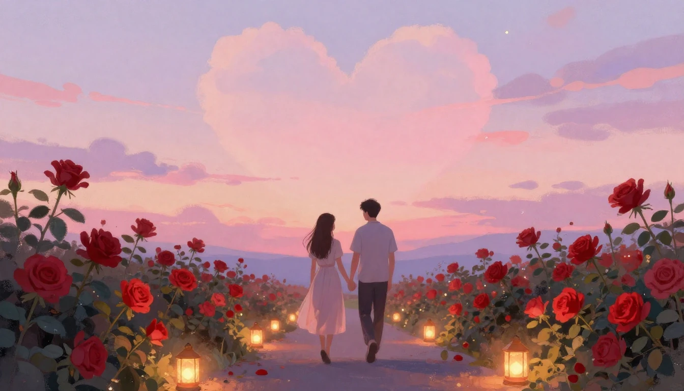 A romantic and dreamy illustration of a couple holding hands...