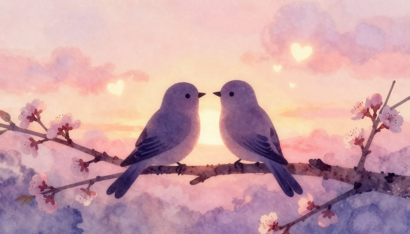 A soft and romantic watercolor composition depicting two sty...