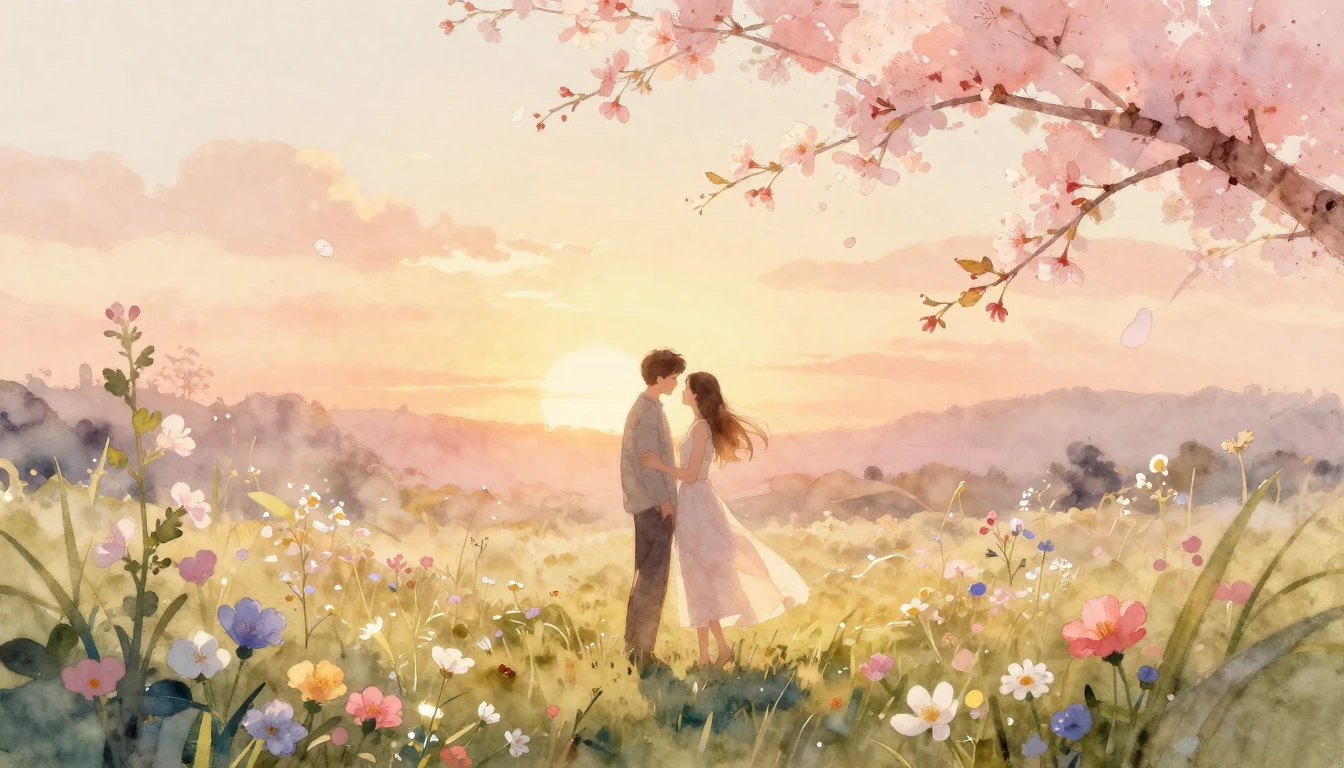 A romantic and ethereal scene in a soft watercolor style. Tw...