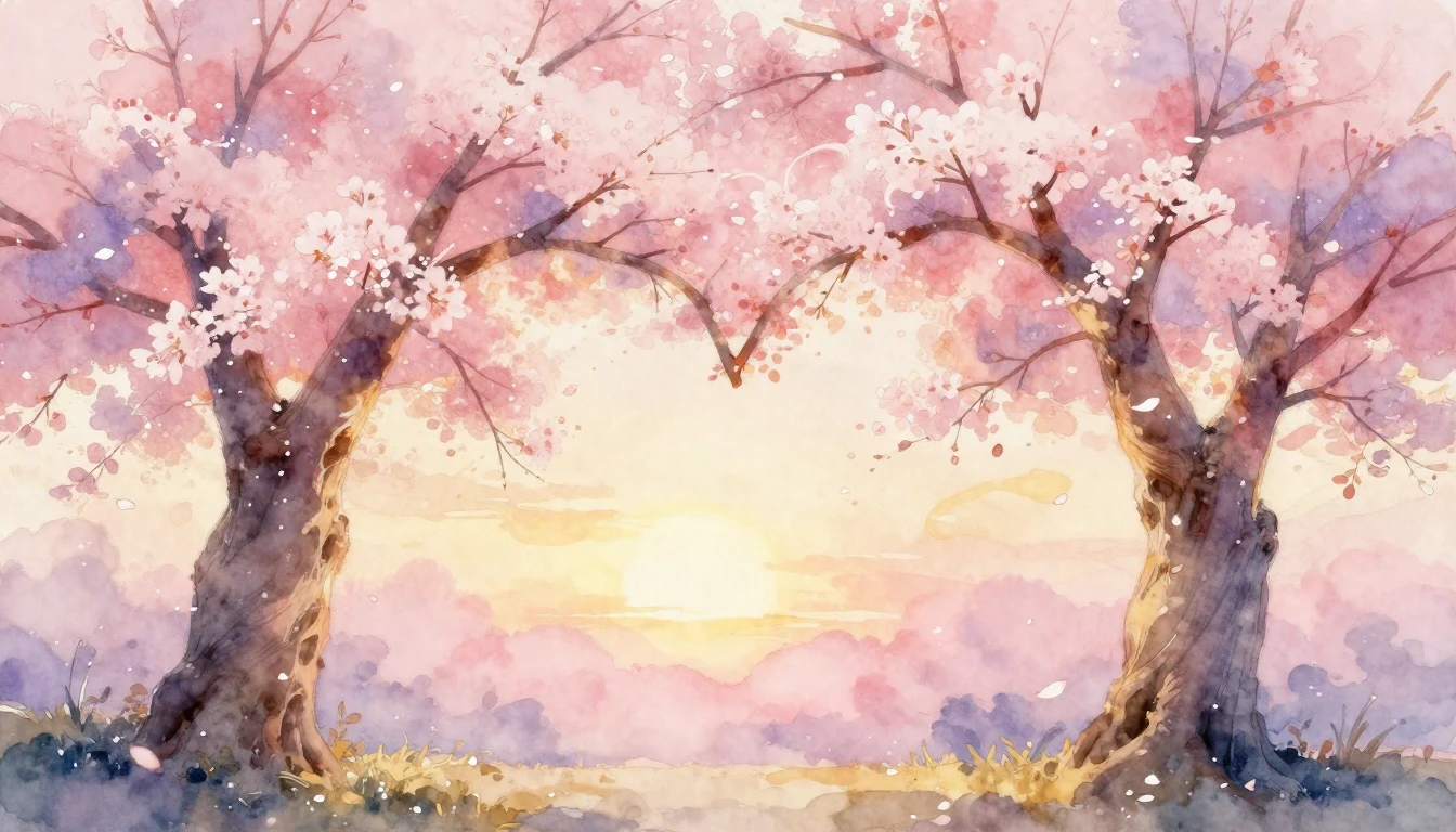 A breathtaking watercolor painting of two ancient cherry blo...