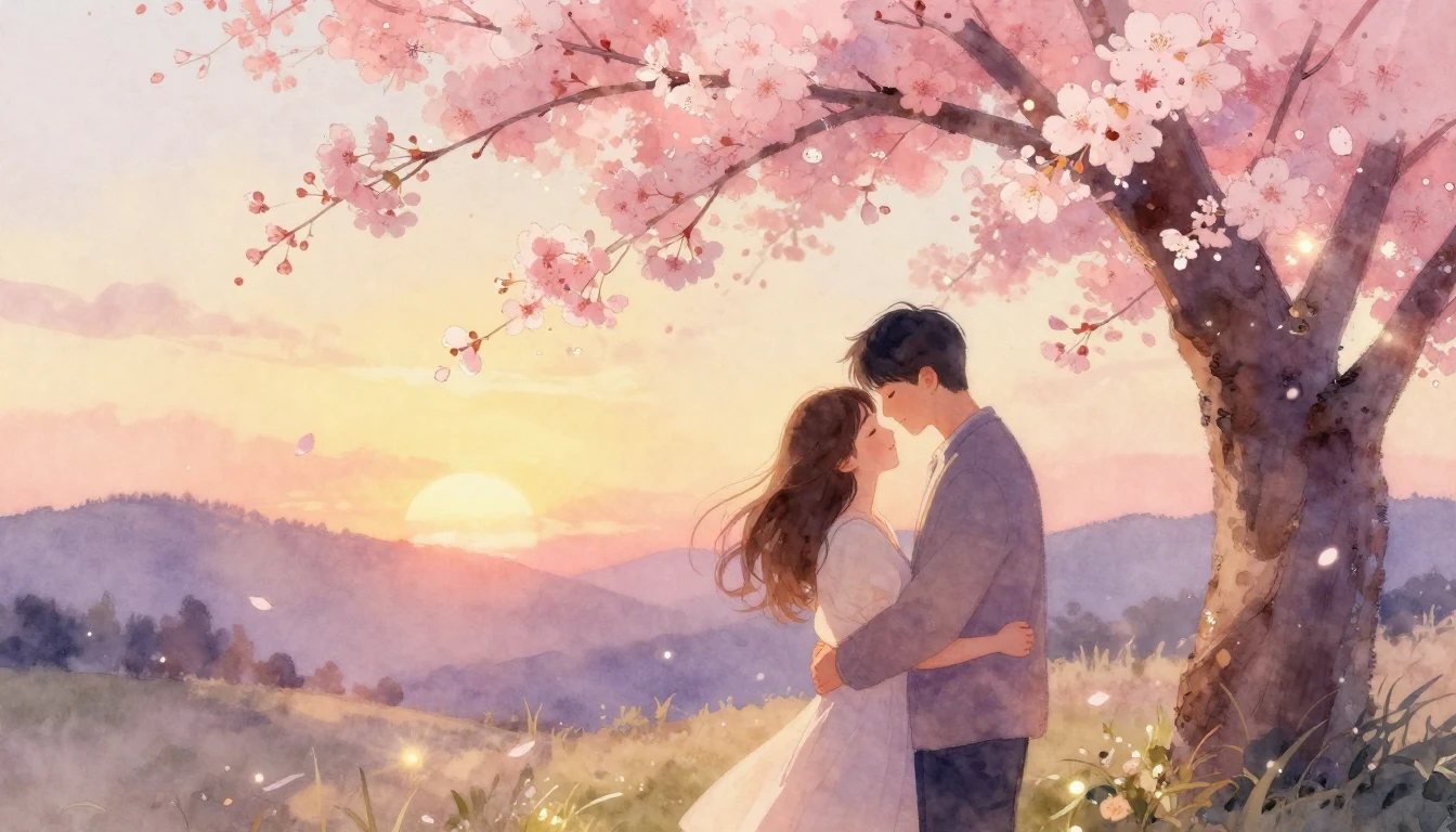 A dreamy and romantic watercolor painting depicting a couple...